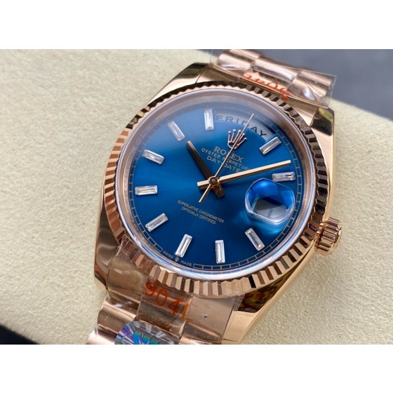 Sunday date display series women's watch, blue dial, rose gold bezel, 36mm, rose gold President-style bracelet.