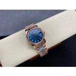 Sunday date display series women's watch, blue dial, rose gold bezel, 36mm, rose gold President-style bracelet.