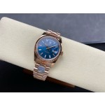 Sunday date display series women's watch, blue dial, rose gold bezel, 36mm, rose gold President-style bracelet.