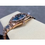 Sunday date display series women's watch, blue dial, rose gold bezel, 36mm, rose gold President-style bracelet.
