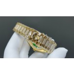 Sunday Calendar series women's watch, silver-gray dial, gold bezel, 36mm, with diamond-set gold President-style bracelet.