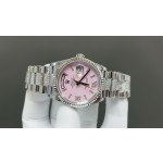 Sunday Calendar series women's watch, pink dial, silver bezel, 36mm, with diamond-set silver President-style bracelet.