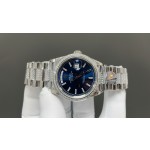 Sunday calendar series women's watch, blue dial, diamond-set bezel, 36mm, diamond-set silver President-style bracelet.