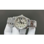 Sunday Calendar series women's watch, off-white dial, diamond-set bezel, 36mm, diamond-set silver President-style bracelet.