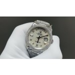 Sunday Calendar series women's watch, off-white dial, diamond-set bezel, 36mm, diamond-set silver President-style bracelet.