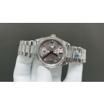 Sunday Calendar series women's watch, pink dial, silver bezel, 36mm, with diamond-set silver President-style bracelet.