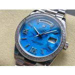 Sunday Calendar series women's watch, turquoise dial, diamond-set bezel, 36mm, silver President-style bracelet.