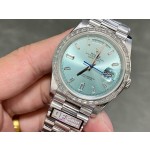Sunday date display series women's watch, ice blue dial, diamond-set bezel, 36mm, silver President-style bracelet.