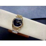 Sunday Calendar series men's and women's watches, black dial, gold bezel, 36mm and 40mm sizes, gold President-style bracelet.