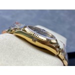 Sunday Calendar series men's and women's watches, black dial, gold bezel, 36mm and 40mm sizes, gold President-style bracelet.