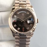 Sunday date display series women's watch, brown dial, rose gold bezel, 36mm, rose gold President-style bracelet.