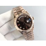 Sunday date display series women's watch, brown dial, rose gold bezel, 36mm, rose gold President-style bracelet.