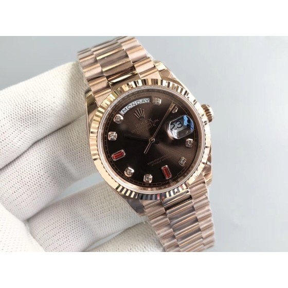 Sunday date display series women's watch, brown dial, rose gold bezel, 36mm, rose gold President-style bracelet.