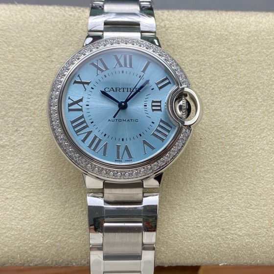 Cartier Ballon Bleu Ice Blue Dial with Diamonds, 33mm, Silver Strap, Mechanical Women's Watch