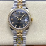 Datejust series, grey dial with diamonds, 31mm, gold and silver two-tone strap.