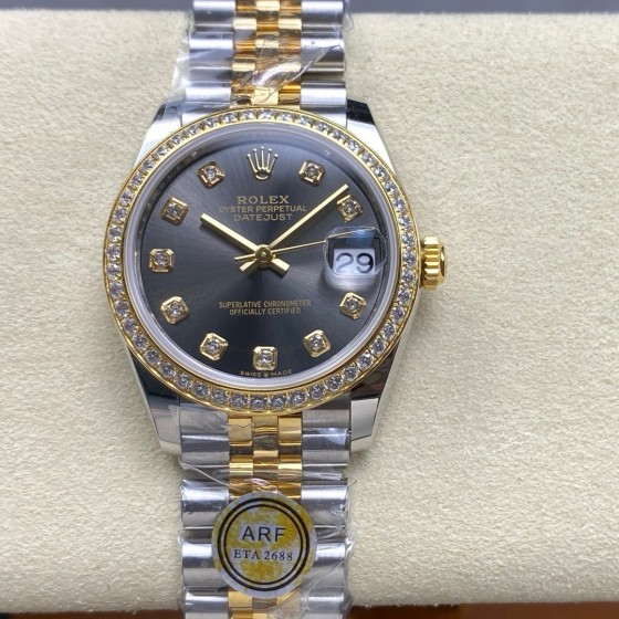 Datejust series, grey dial with diamonds, 31mm, gold and silver two-tone strap.