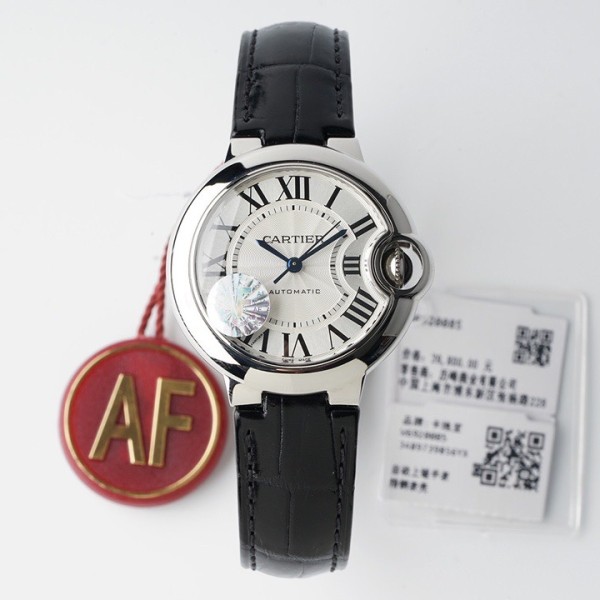Cartier Ballon Bleu 33mm Silver Dial Black Leather Strap Mechanical Women's Watch