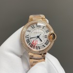 Cartier Ballon Bleu, silver dial with diamonds, 33mm, gold strap, mechanical women's watch.