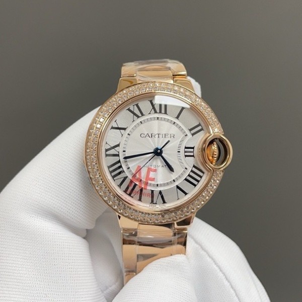 Cartier Ballon Bleu, silver dial with diamonds, 33mm, gold strap, mechanical women's watch.