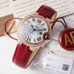Cartier Ballon Bleu silver dial diamond-set 33mm red leather mechanical women's watch