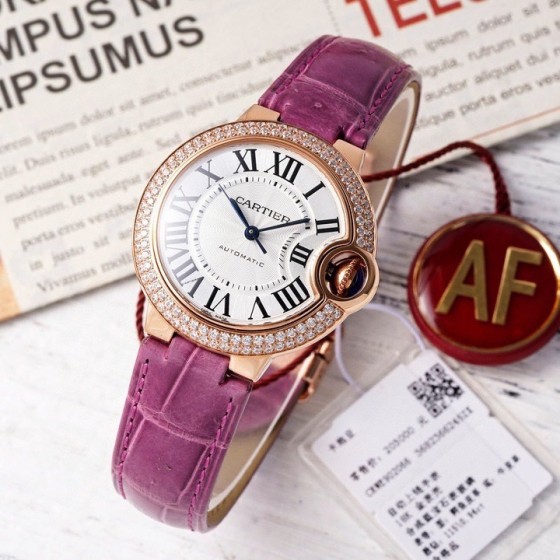 Cartier Ballon Bleu, silver dial with diamonds, 33mm, purple alligator leather strap, mechanical women's watch.