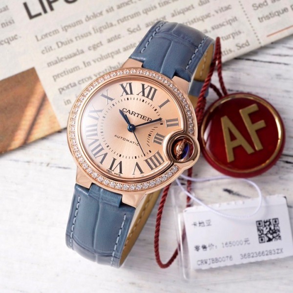 Cartier Ballon Bleu series, rose gold dial, diamond-set bezel, 33mm, ladies' watch, grey-blue leather strap, mechanical movement.