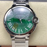 Cartier Ballon Bleu series, green dial, 42mm men's watch, silver strap, mechanical.
