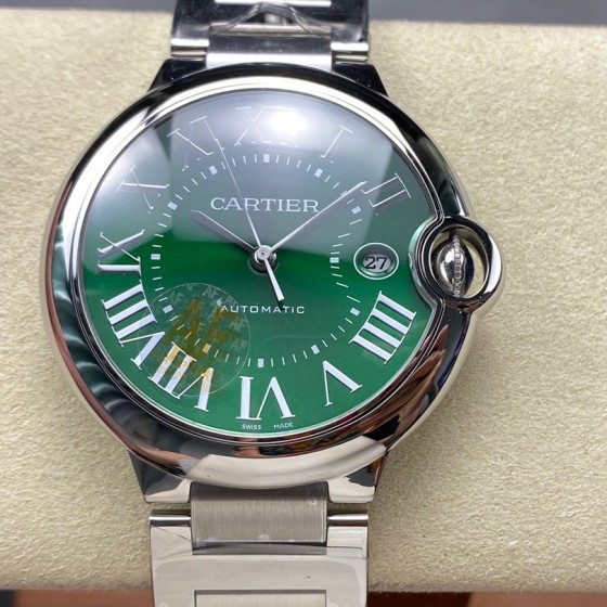 Cartier Ballon Bleu series, green dial, 42mm men's watch, silver strap, mechanical.