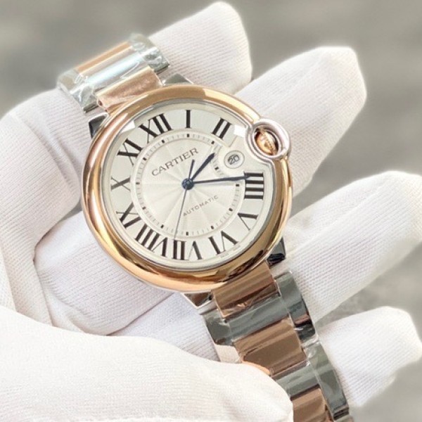 Cartier Ballon Bleu series, 42mm men's watch with silver dial, gold and silver two-tone strap, mechanical movement.