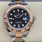 Yacht-Master series, black dial, rose gold bezel, 40mm, two-tone Oyster bracelet.