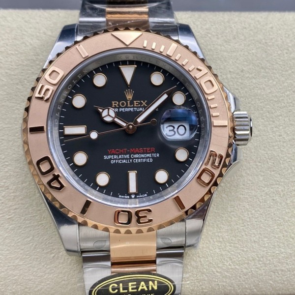 Yacht-Master series, black dial, rose gold bezel, 40mm, two-tone Oyster bracelet.