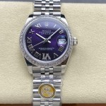 Datejust series, 31mm with purple dial and diamond setting, silver strap.