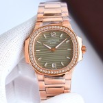 Patek Philippe Nautilus – Wave-pattern dial, rose gold bracelet, diamond-set bezel.