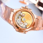 Patek Philippe Nautilus – Wave-pattern dial, rose gold bracelet, diamond-set bezel.