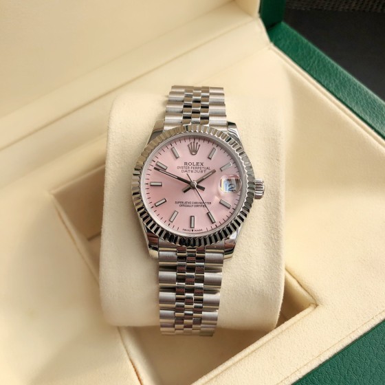 Rolex Datejust, pink dial, silver strap, 31mm.