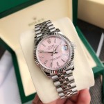 Rolex Datejust, pink dial, silver strap, 31mm.