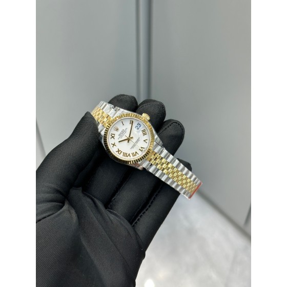 Datejust series, white dial, 31mm, gold and silver two-tone strap.