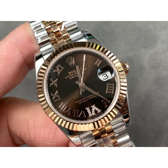 Datejust series, brown dial, 31mm, rose gold two-tone strap