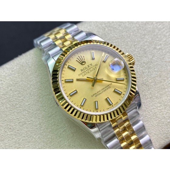 Datejust series, gold dial, 31mm, gold and silver two-tone strap.