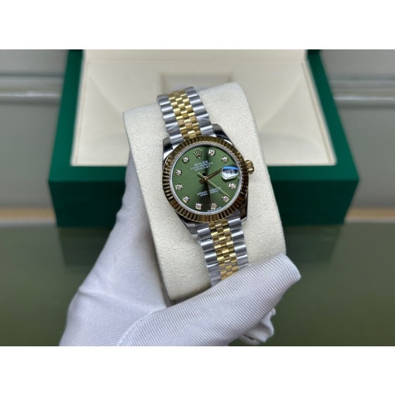 Datejust series, green dial, 31mm, gold and silver two-tone strap.