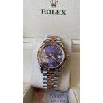 Datejust series, 31mm purple dial, rose gold and silver two-tone strap.