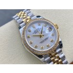 Datejust series, 31mm mother-of-pearl dial with diamonds, two-tone gold and silver strap.