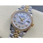 Datejust series, 31mm mother-of-pearl dial with diamonds, two-tone gold and silver strap.