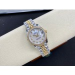 Datejust series, 31mm mother-of-pearl dial with diamonds, two-tone gold and silver strap.
