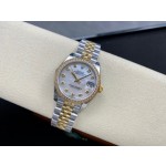 Datejust series, 31mm mother-of-pearl dial with diamonds, two-tone gold and silver strap.