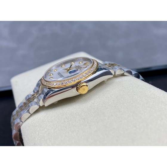 Datejust series, 31mm mother-of-pearl dial with diamonds, two-tone gold and silver strap.