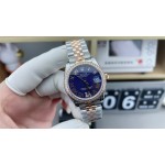 Datejust series, 31mm with purple dial and diamond setting, rose gold two-tone strap.