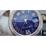 Datejust series, 31mm with purple dial and diamond setting, rose gold two-tone strap.