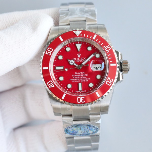 Rolex Submariner series, red dial, red bezel, 40mm, silver Oyster bracelet.