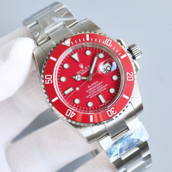 Rolex Submariner series, red dial, red bezel, 40mm, silver Oyster bracelet.